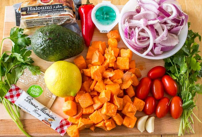 Hello Fresh Veggie Box ingredients for fried halloumi cheese and roasted vegetables with lime cilantro chimichurri sauce