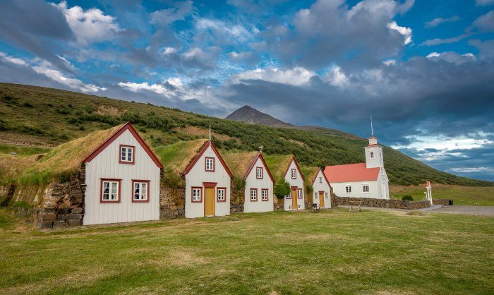 Northern Iceland Laufaskirkja Old Style Turf Houses 