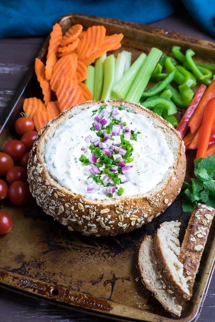 chilled veggie dip in a bread bowl